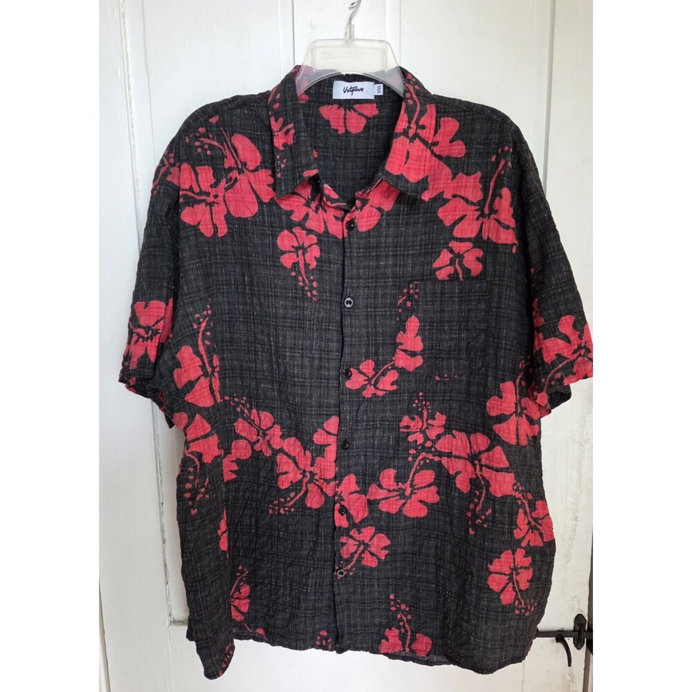 Vatpave Men's Casual Hawaiian Floral Shirt Black Red Flower XXL Button Down EUC